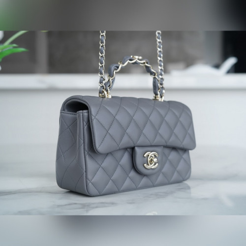 頂級進口原廠皮Chanel 23k 秋冬新款 雙C 手柄CF 深灰色