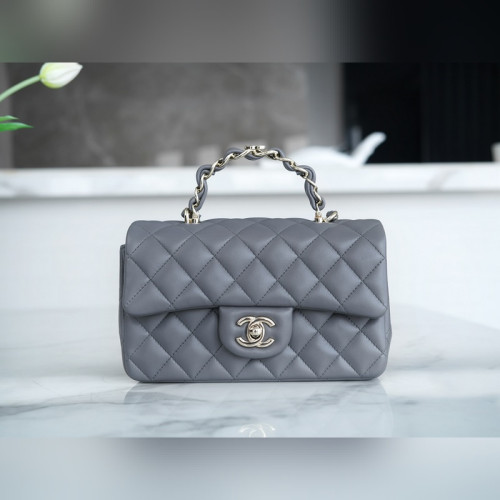 頂級進口原廠皮Chanel 23k 秋冬新款 雙C 手柄CF 深灰色