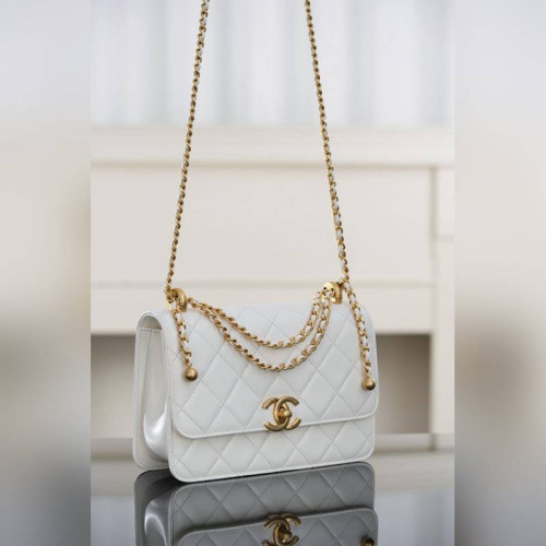 頂級進口原廠皮 CHANEL 25s 原廠小牛皮 雙金球22cm 白色