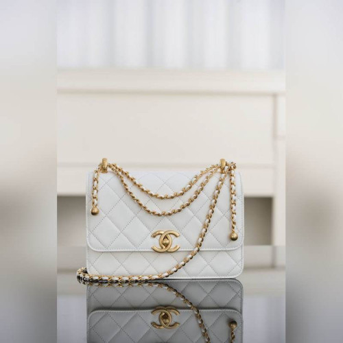 頂級進口原廠皮 CHANEL 25s 原廠小牛皮 雙金球22cm 白色