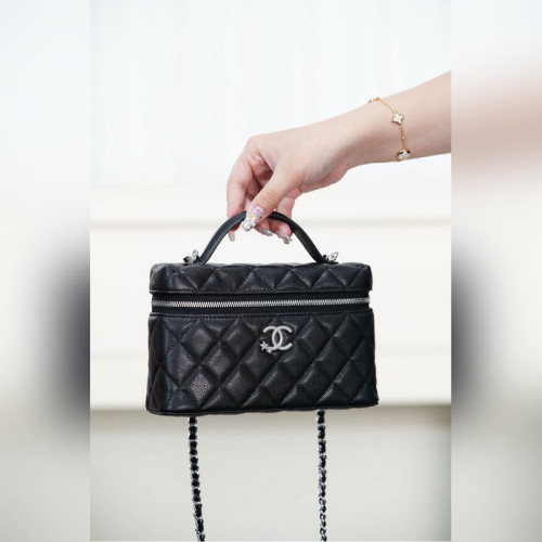 頂級進口原廠皮Chanel 25B 星星鑽扣LP盒子包 黑銀
