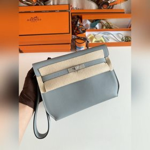 Kelly Depeches 25cm 手包/挎包 epsom 皮 亞麻藍 銀扣
