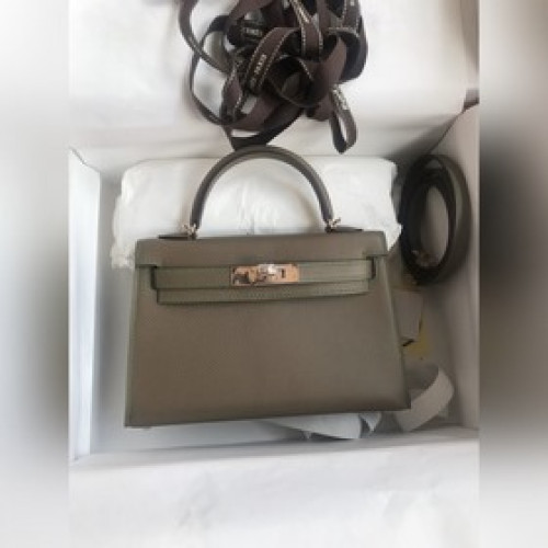 手縫 二代Mini Kelly 19cm 進口Epsom皮 大象灰 内拼竹子綠