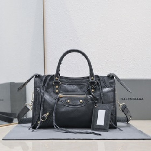 Balenciaga經典機車包爆裂羊皮30 cm深灰金釘