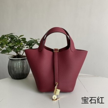 Picotin 菜籃子 寶石紅金扣18cm，進口TC小牛皮，純手縫蜜蠟線，全鋼鍍