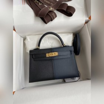 手縫 三拼色二代Mini Kelly 19cm 進口Epsom皮 黑色拼靛藍 内