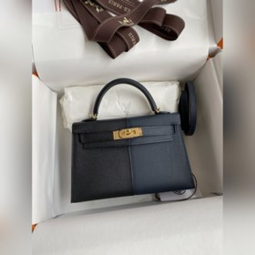 手縫 三拼色二代Mini Kelly 19cm 進口Epsom皮 黑色拼靛藍 内