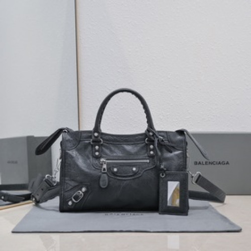 Balenciaga經典機車包爆裂羊皮30 cm深灰網銀