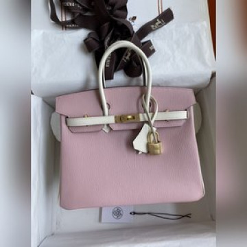 需定做 手縫 Birkin 25cm 進口山羊皮 3Q粉拼奶油白 拉絲金扣