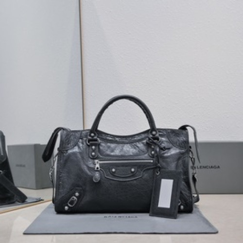 Balenciaga經典機車包爆裂羊皮 38cm深灰網銀釘