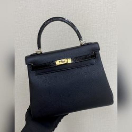 Kelly touch 25cm 鳄魚皮亮面拼togo皮 黑色 手縫蠟線