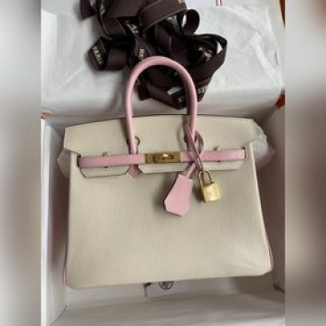 需定做 手縫 Birkin 25cm 進口山羊皮 奶油白拼3Q粉 拉絲金扣