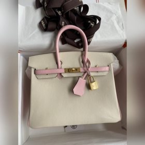 需定做 手縫 Birkin 25cm 進口山羊皮 奶油白拼3Q粉 拉絲金扣