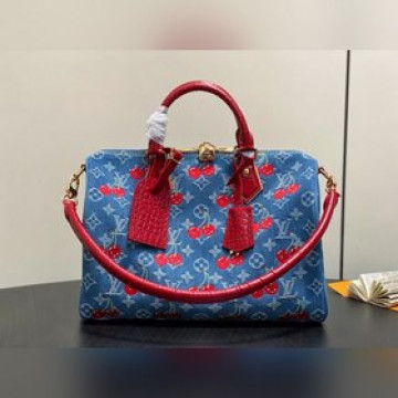 N87627藍色丹甯牛仔 刺繡櫻桃枕頭包配鳄魚紋 Speedy Soft 30