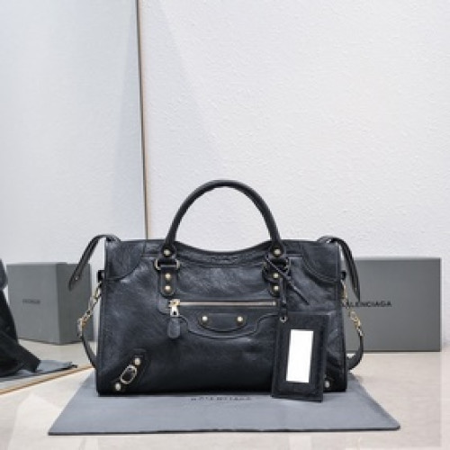 Balenciaga經典機車包爆裂羊皮38 cm深灰網金釘