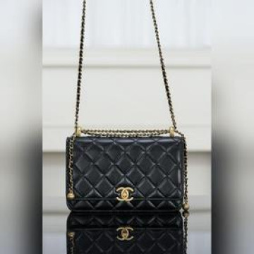頂級進口原廠皮 所見即所得！  Chanel 25s 雙金珠鍊條woc 黑金