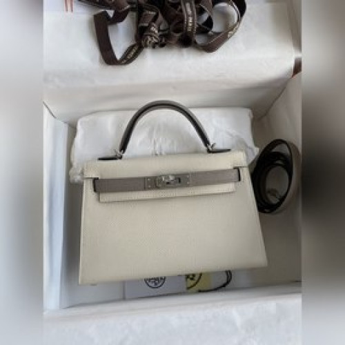 手縫 二代Mini Kelly 19cm 進口Epsom皮 奶昔白拼瀝青灰 銀扣