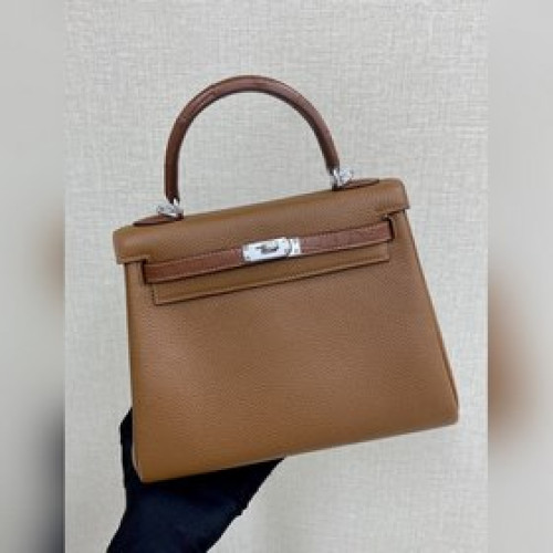 Kelly touch 25cm 鳄魚皮霧面拼togo皮 金棕色 手縫蠟線