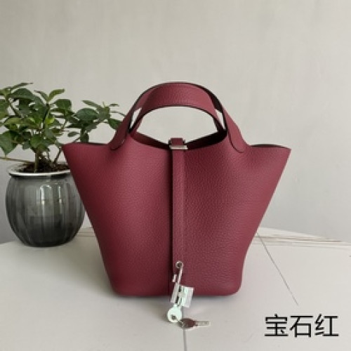 Picotin 菜籃子 寶石紅銀扣18cm，進口TC小牛皮，純手縫蜜蠟線，全鋼亮