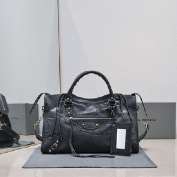Balenciaga經典機車包爆裂羊皮38 cm深灰小金釘