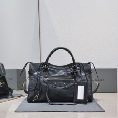 Balenciaga經典機車包爆裂羊皮38 cm深灰小金釘