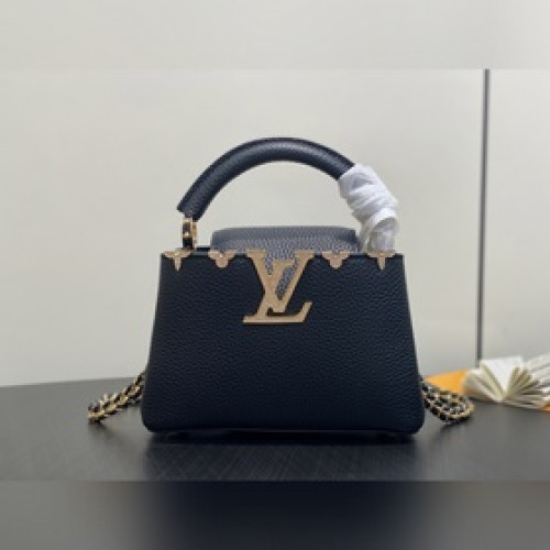 M48865黑色拼金鑽花冠 全皮cap那英款 Capucines 迷你手袋 法國
