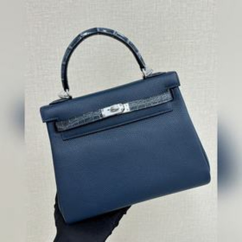 Kelly touch 25cm 鳄魚皮亮面拼togo皮 普魯斯藍 手縫蠟線