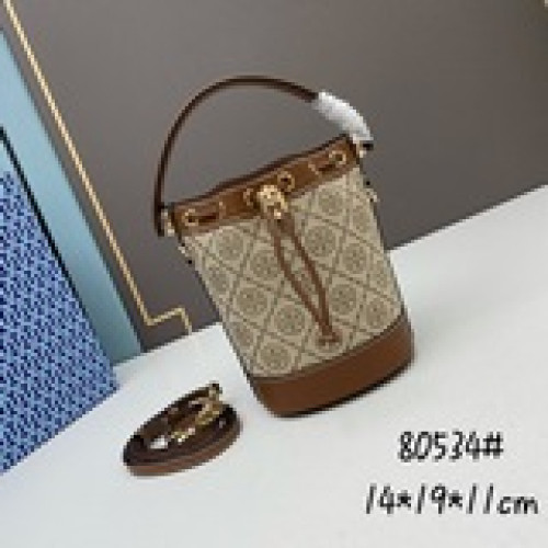 榛果色TORY BURCH Monogram 2023夏季新抽繩水桶包 質感海