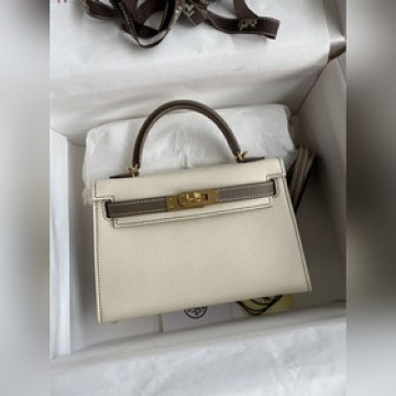 手縫 二代Mini Kelly 19cm 進口Epsom皮 奶油白拼大象灰 金扣