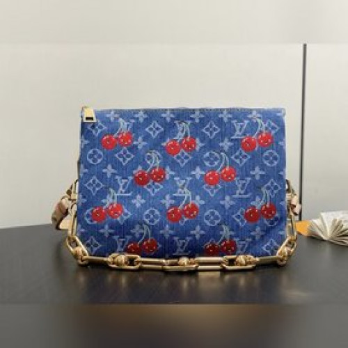 M14978藍色丹甯牛仔 刺繡櫻桃鍊條包 LV x TM COUSSIN 小號手