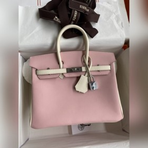 需定做 手縫 Birkin 25cm 進口Swift皮 3Q粉拼奶油白 銀扣