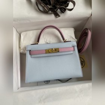 手縫 二代Mini Kelly 19cm 進口Epsom皮 霧霾藍拼錦葵紫 金扣