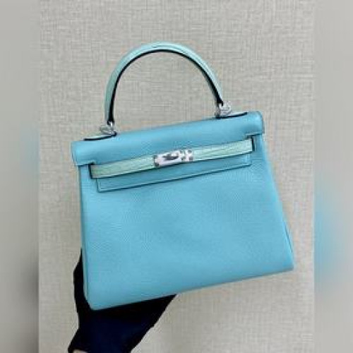 Kelly touch 25cm 鳄魚皮霧面拼togo皮 馬卡龍藍 手縫蠟線