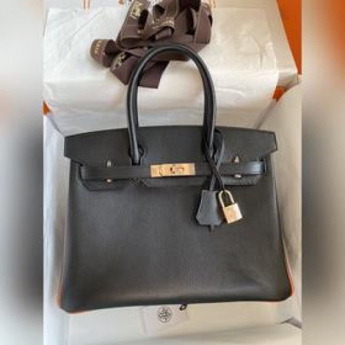 需定做 手縫 Birkin 30cm 進口山羊皮 黑色拼火焰橙 玫瑰金扣
