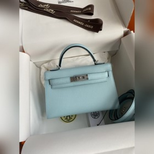 二代Mini Kelly 19cm 進口Epsom皮 微風藍 銀扣