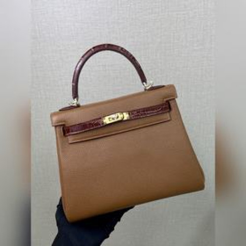 Kelly touch 25cm 鳄魚皮亮面拼togo皮 金棕色 手縫蠟線