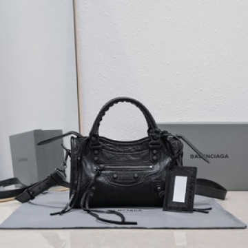Balenciaga經典機車包爆裂羊皮24 cm 黑色黑釘
