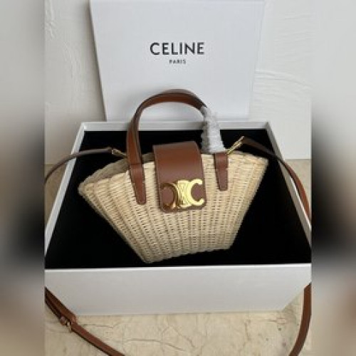 正品級 CELINE度假系列菜籃子天然柳條竹編＋牛皮尺寸：32*14*7c
