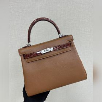Kelly touch 25cm 鳄魚皮亮面拼togo皮 金棕色 手縫蠟線