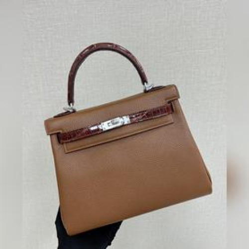 Kelly touch 25cm 鳄魚皮亮面拼togo皮 金棕色 手縫蠟線
