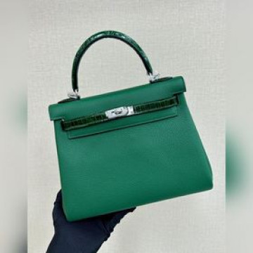 Kelly touch 25cm 鳄魚皮亮面拼togo皮 祖母綠 手縫蠟線
