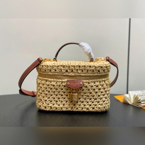 M14303棕色 拉菲草編織化妝包 Vanity Chain Pouch 手袋