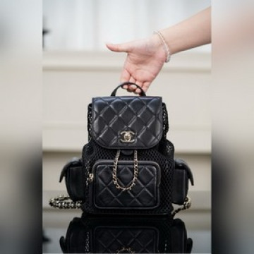 頂級進口原廠皮 所見即所得！  Chanel 25s 镂空網紗雙肩包 黑金 小
