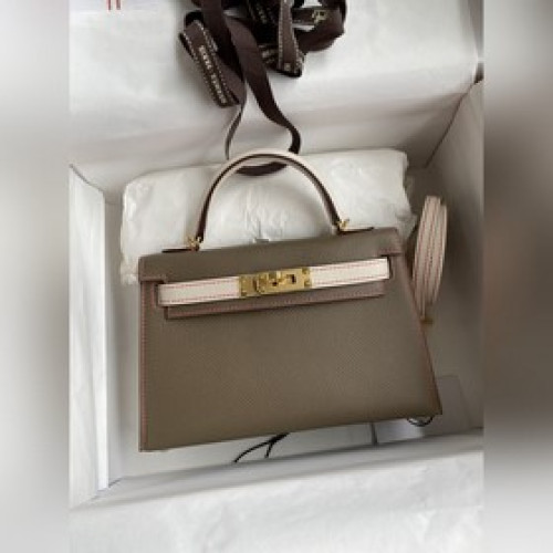 手縫 二代Mini Kelly 19cm 進口Epsom皮 大象灰 拼奶昔白 金