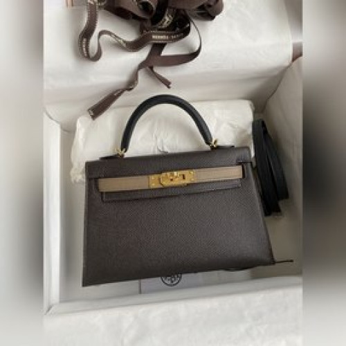 手縫 二代Mini Kelly 19cm 進口Epsom皮 樹皮色/大象灰/黑色