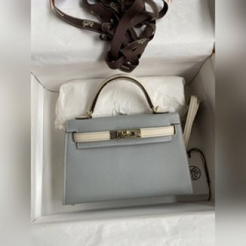 手縫 二代Mini Kelly 19cm 進口Epsom皮 冰川藍拼奶昔白 淺金