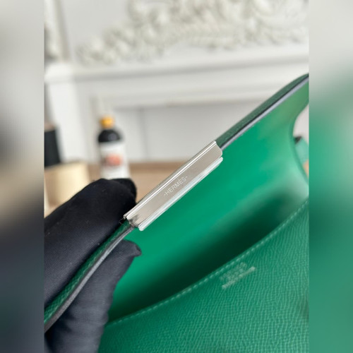 康康 空姐包 顔色:孔雀綠 銀扣 掌紋小牛皮 半手工 蜜蠟線縫制