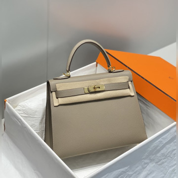 凱莉 瀝青灰色金扣 EPSOM牛皮 純手工+蜜蠟線 全純鋼制五金25cm 28cm