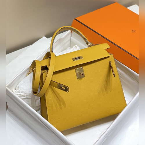 凱莉 琥珀黃色 金扣 EPSOM牛皮 純手工+蜜蠟線 全純鋼制五金25cm 28cm