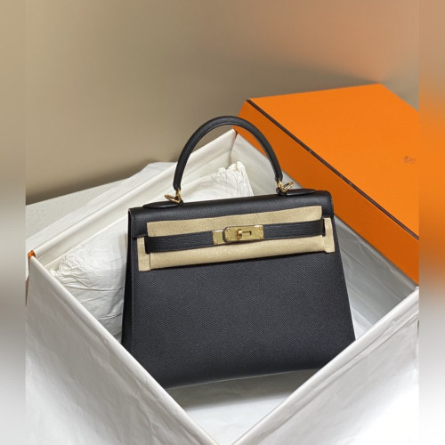 凱莉 黑色金扣 EPSOM牛皮 純手工+蜜蠟線 全純鋼制五金25cm 28cm
